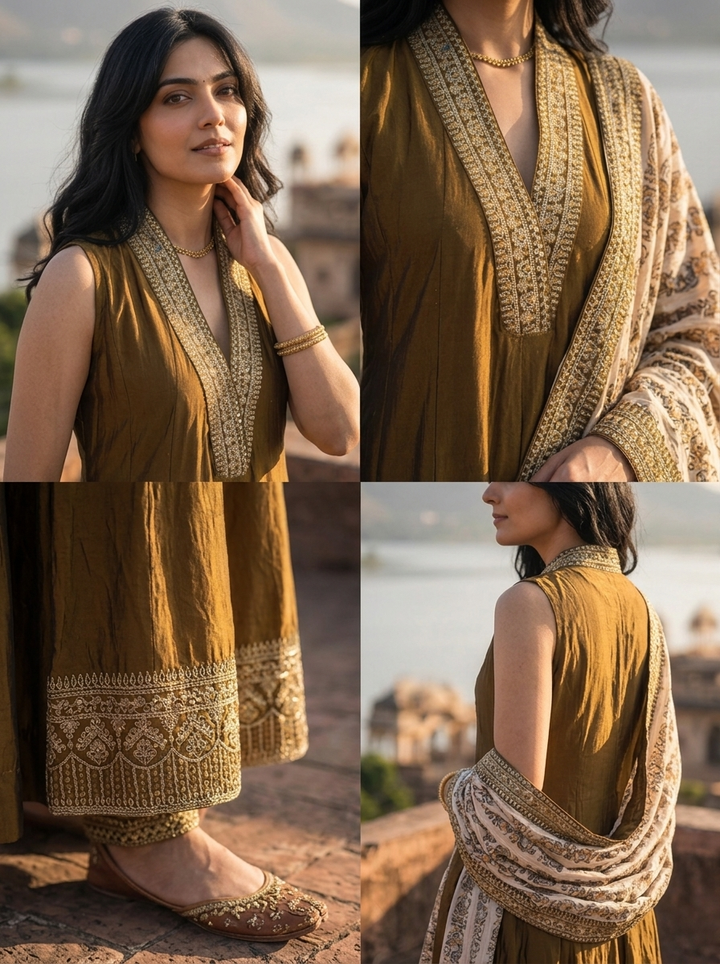 Brown Silk Zari Embroidery Three Piece Set With Floral Dupatta