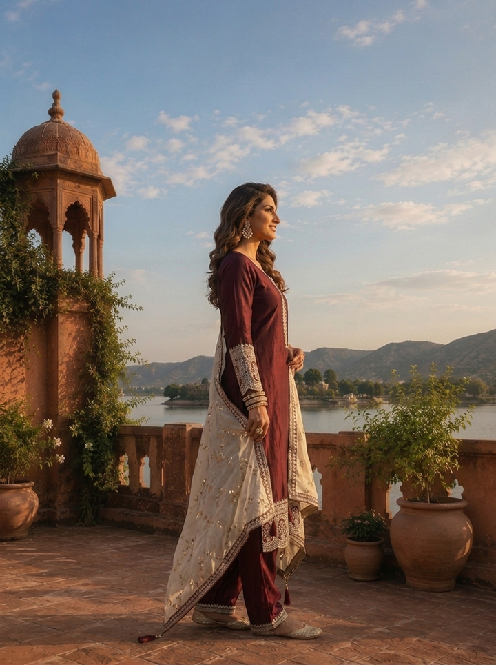 Maroon Silk Zari Embroidery Three Piece Set