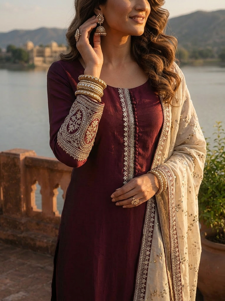 Maroon Silk Zari Embroidery Three Piece Set