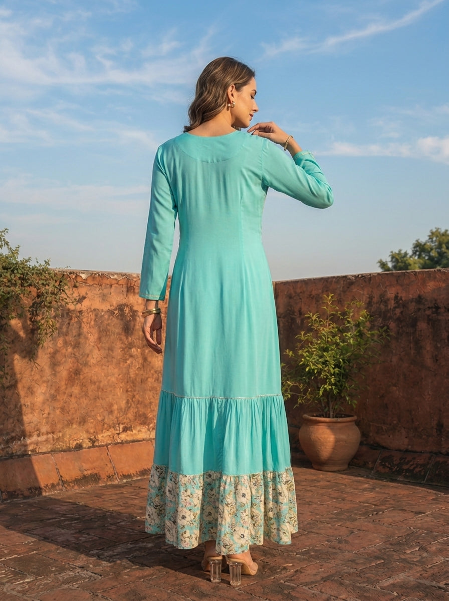 Sea Green Rayon Blossom Printed Dress