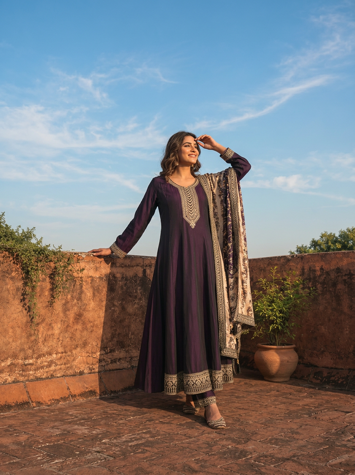 Wine Silk Embroidery Three Piece Set With Contrast Dupatta