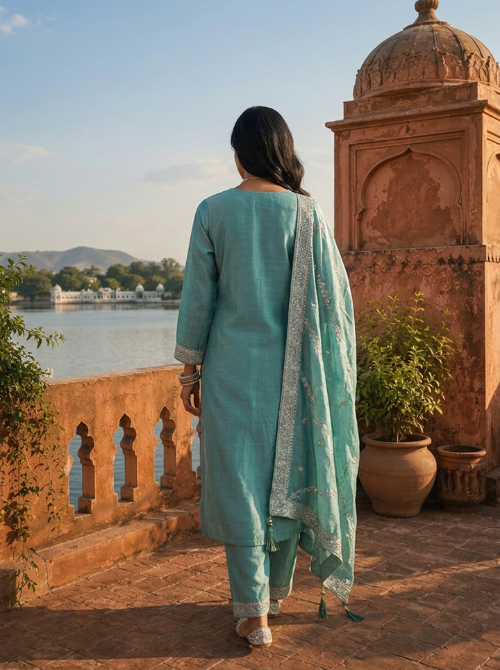 Sea Green Vichitra Silk Buti Embroidery Three Piece Set