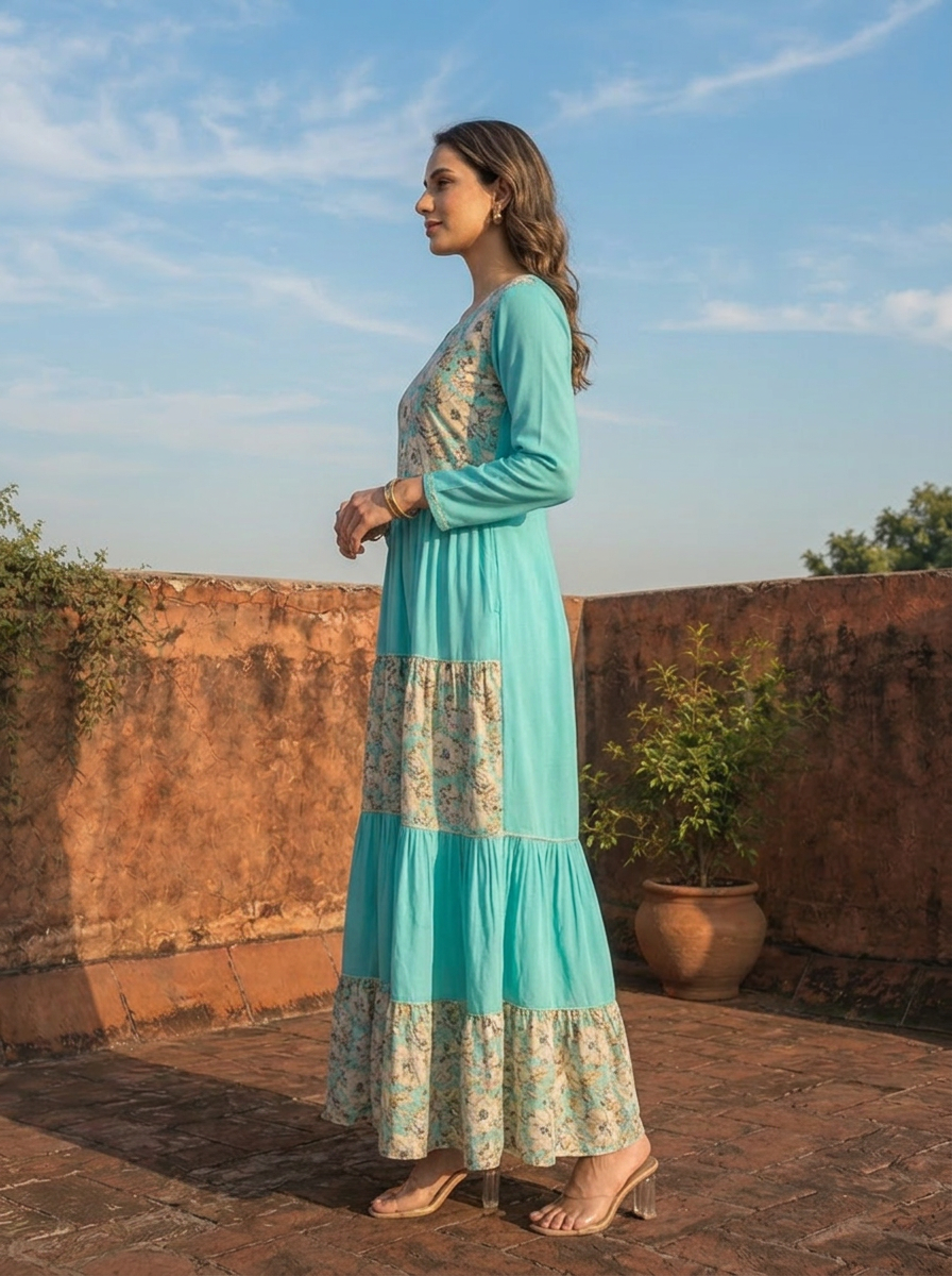 Sea Green Rayon Blossom Printed Dress