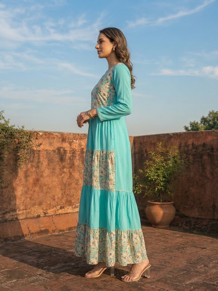 Sea Green Rayon Blossom Printed Dress