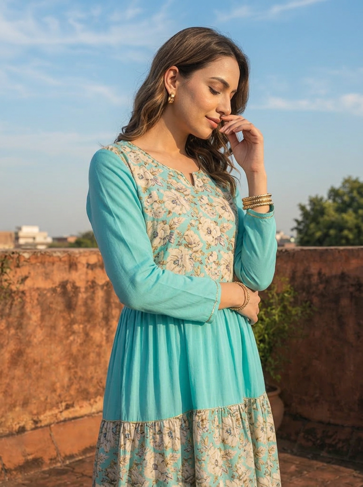 Sea Green Rayon Blossom Printed Dress