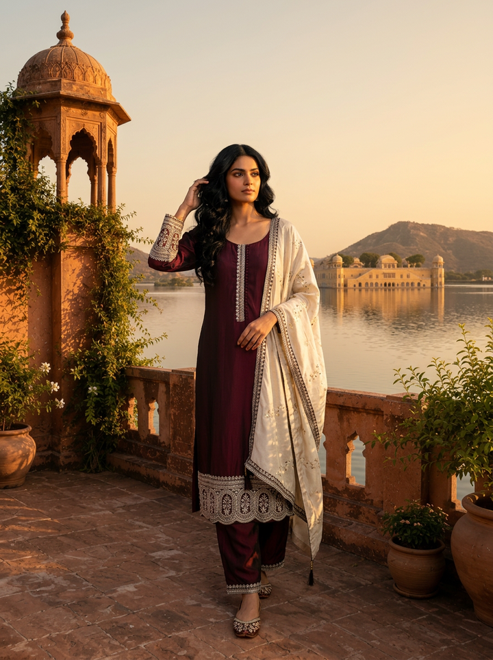 Wine Silk Zari Embroidery Three Piece Set