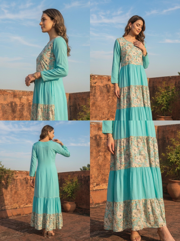 Sea Green Rayon Blossom Printed Dress
