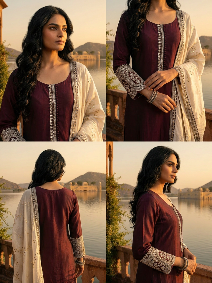 Wine Silk Zari Embroidery Three Piece Set
