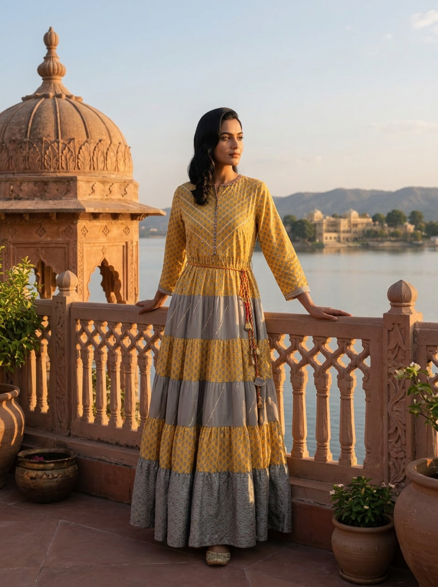 Mustard Muslin Floral Buti Printed Long Dress