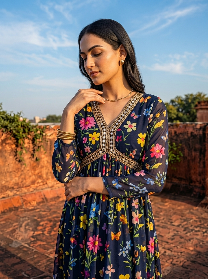 Navy Blue Georgette Multi Color Digital Floral Printed Dress