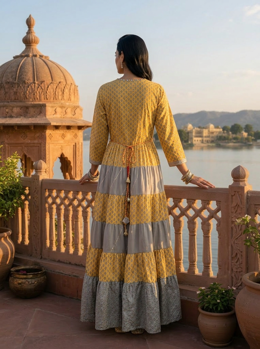 Mustard Muslin Floral Buti Printed Long Dress