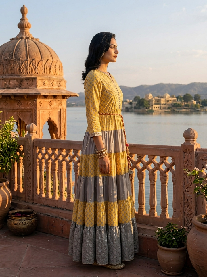Mustard Muslin Floral Buti Printed Long Dress