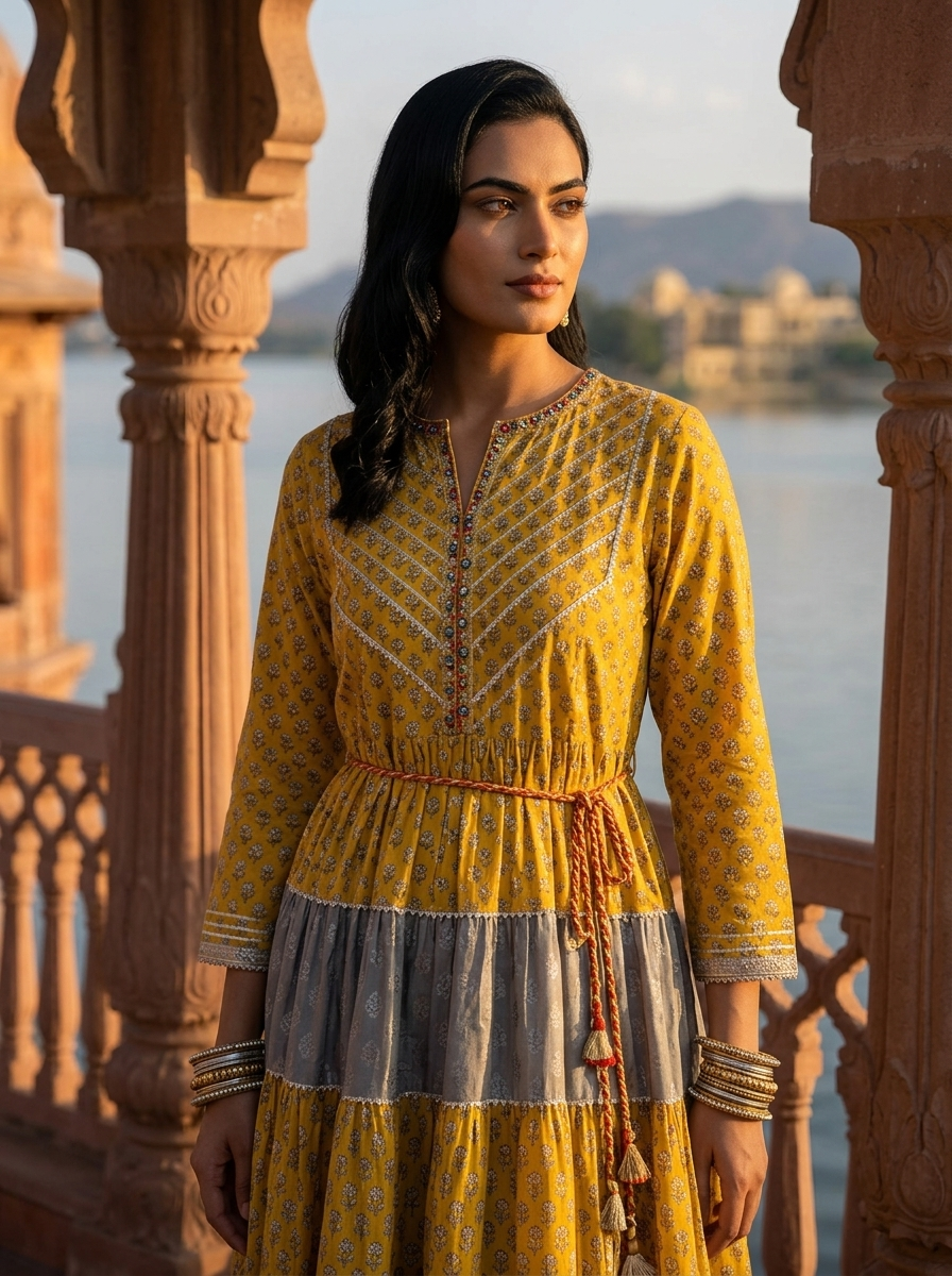 Mustard Muslin Floral Buti Printed Long Dress