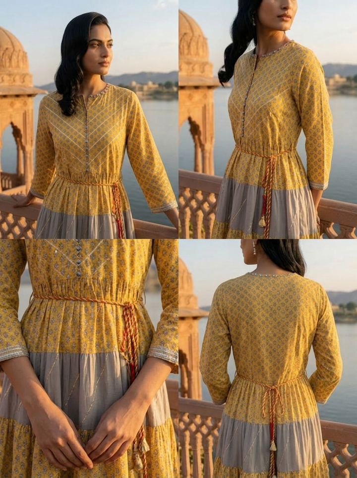 Mustard Muslin Floral Buti Printed Long Dress