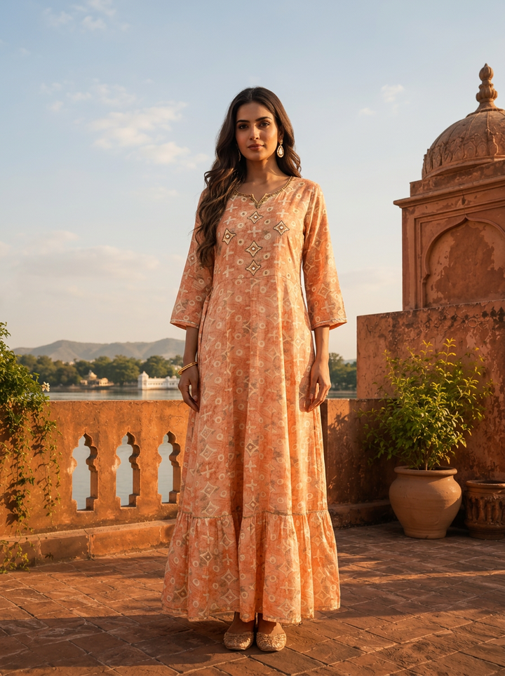 Orange Rayon Geometric Printed Long Dress
