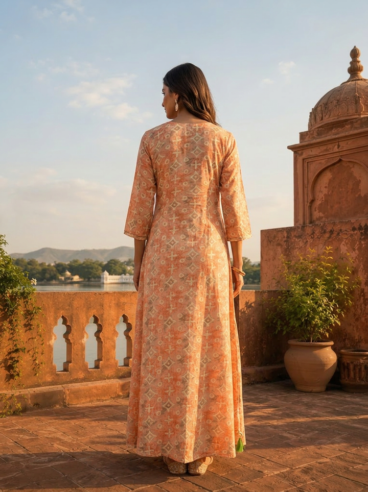 Orange Rayon Geometric Printed Long Dress