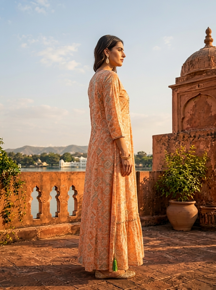 Orange Rayon Geometric Printed Long Dress