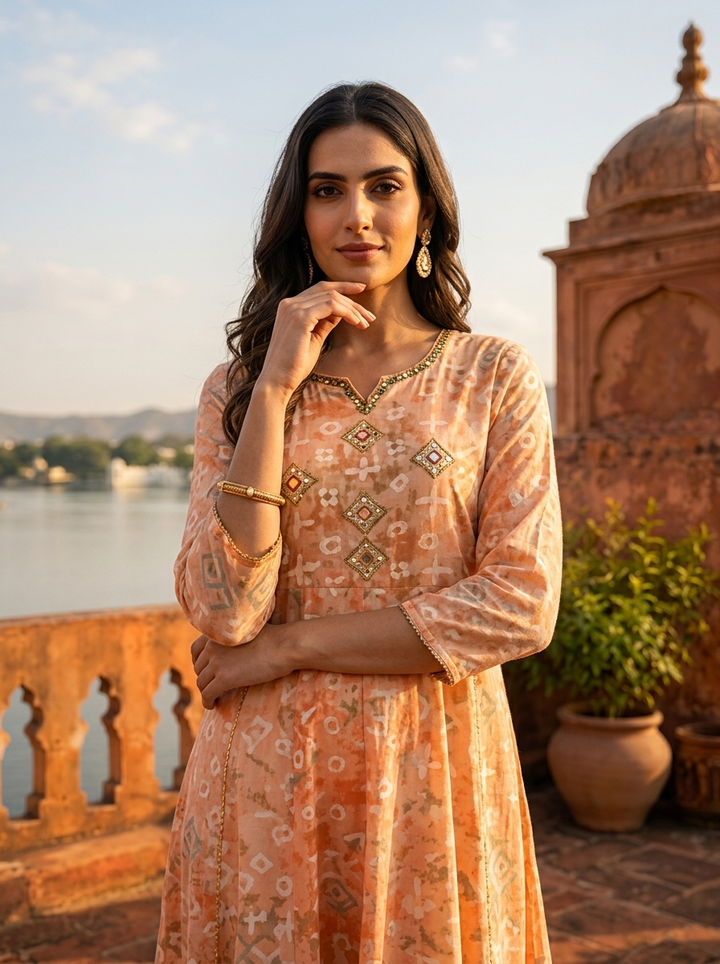 Orange Rayon Geometric Printed Long Dress