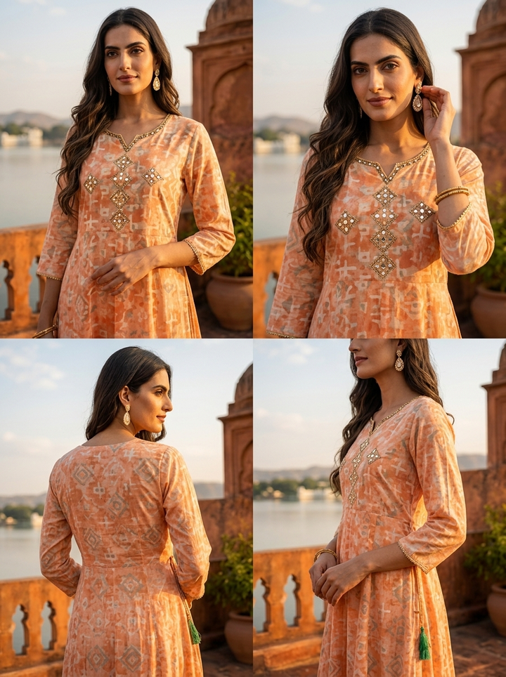 Orange Rayon Geometric Printed Long Dress