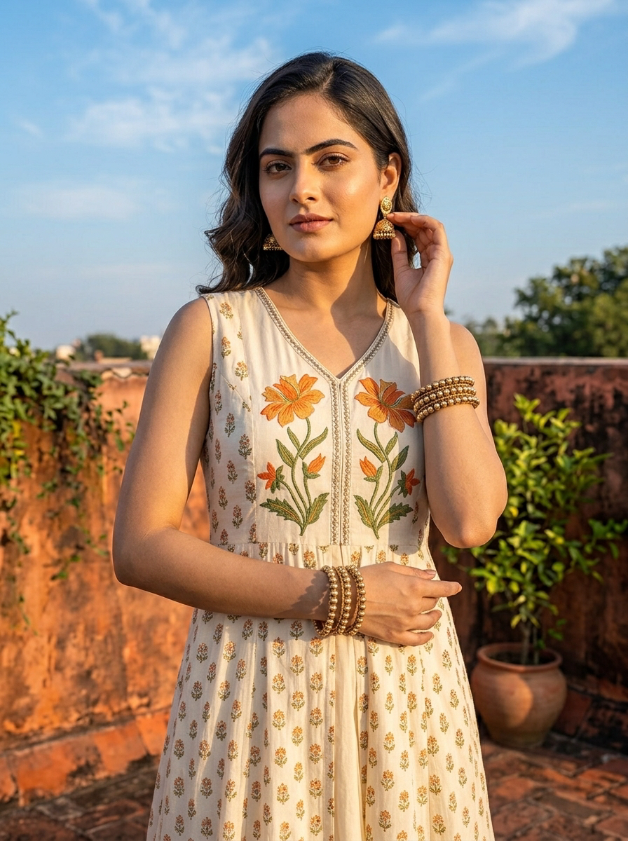 Cream Rayon Floral Motif Printed Dress
