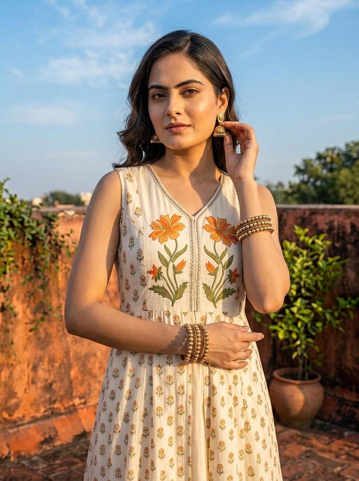 Cream Rayon Floral Motif Printed Dress