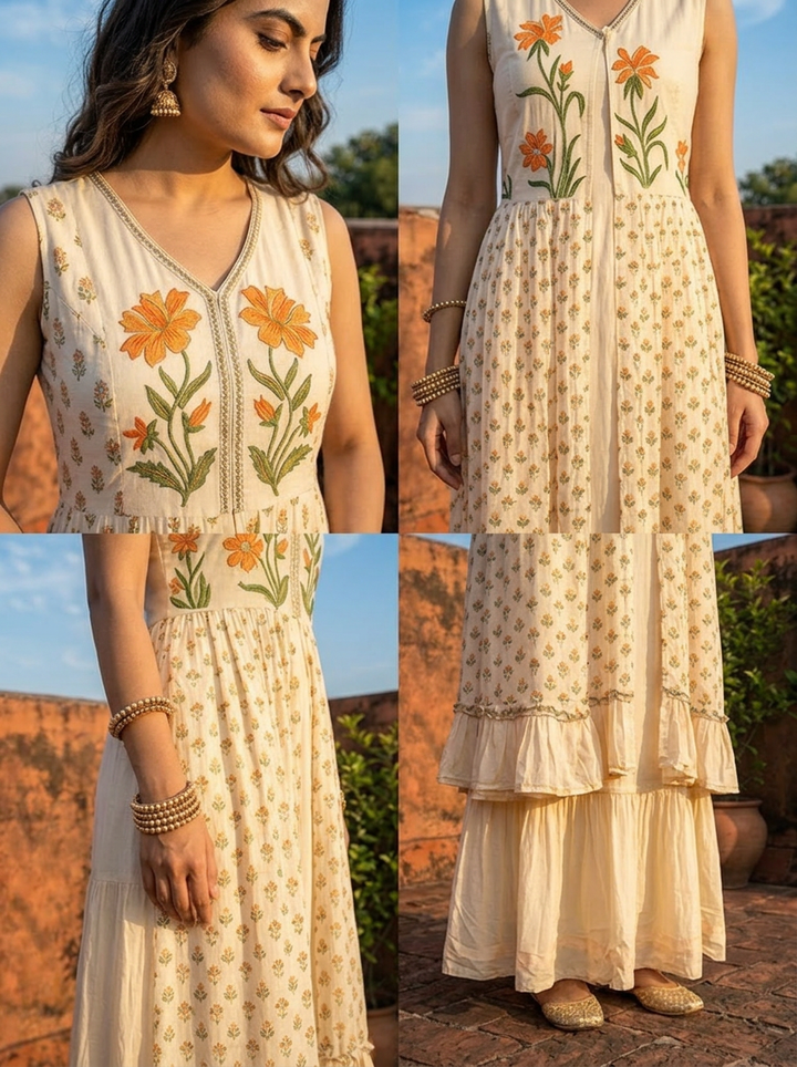 Cream Rayon Floral Motif Printed Dress