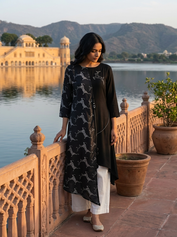 Black Rayon Reindeer Printed Kurta