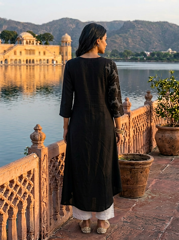 Black Rayon Reindeer Printed Kurta