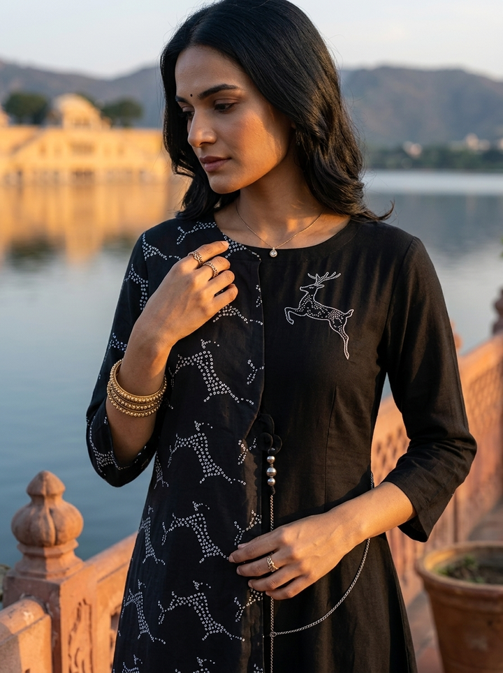 Black Rayon Reindeer Printed Kurta