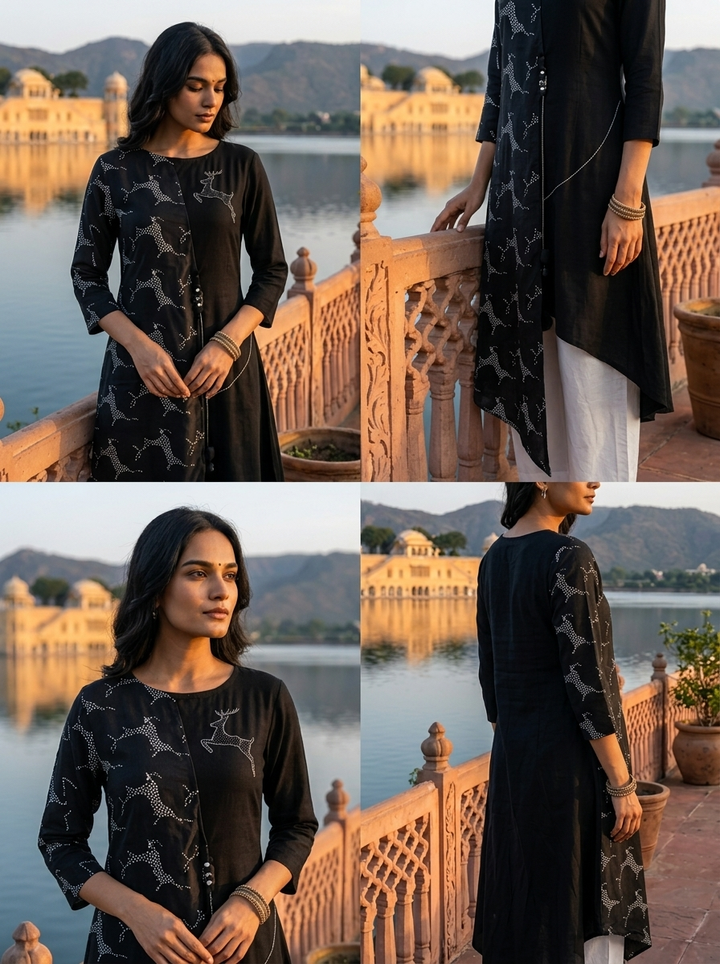 Black Rayon Reindeer Printed Kurta