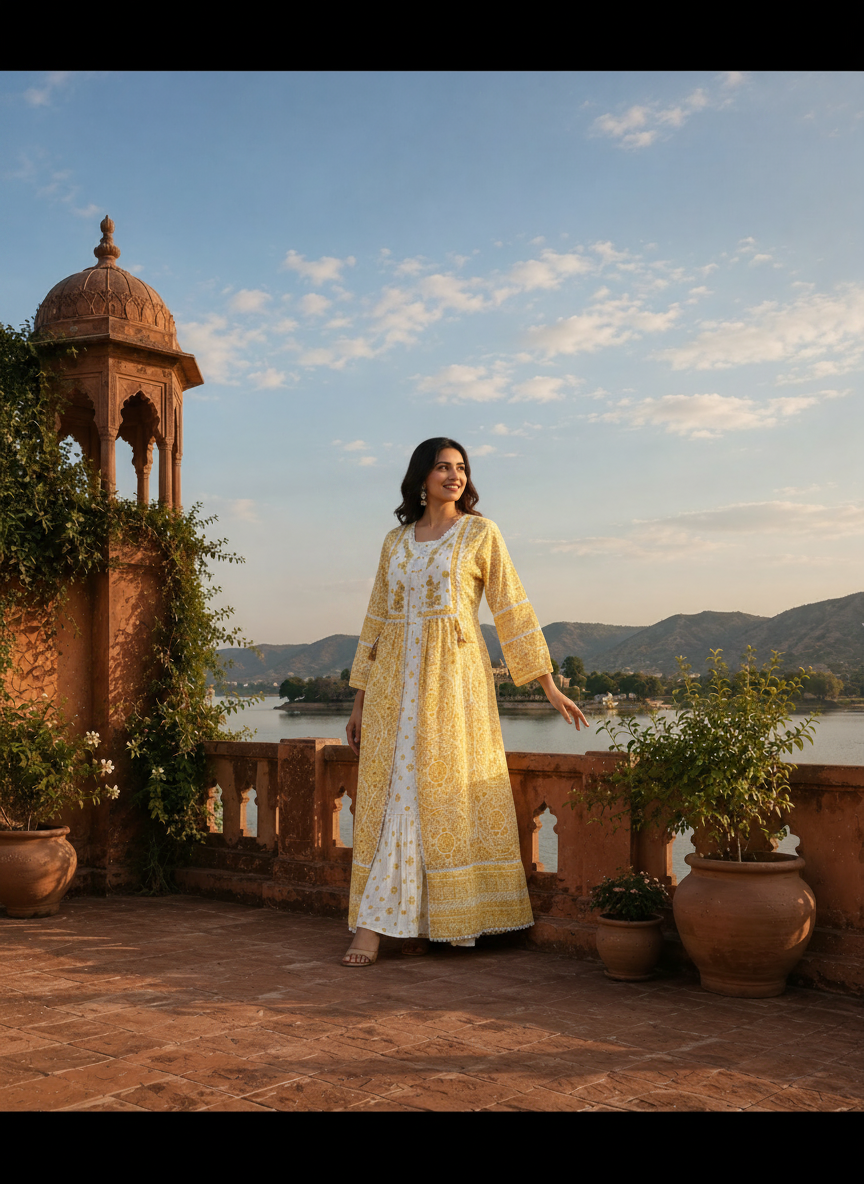 Mustard Cotton Sanganeri Block Printed Dress With Shrug