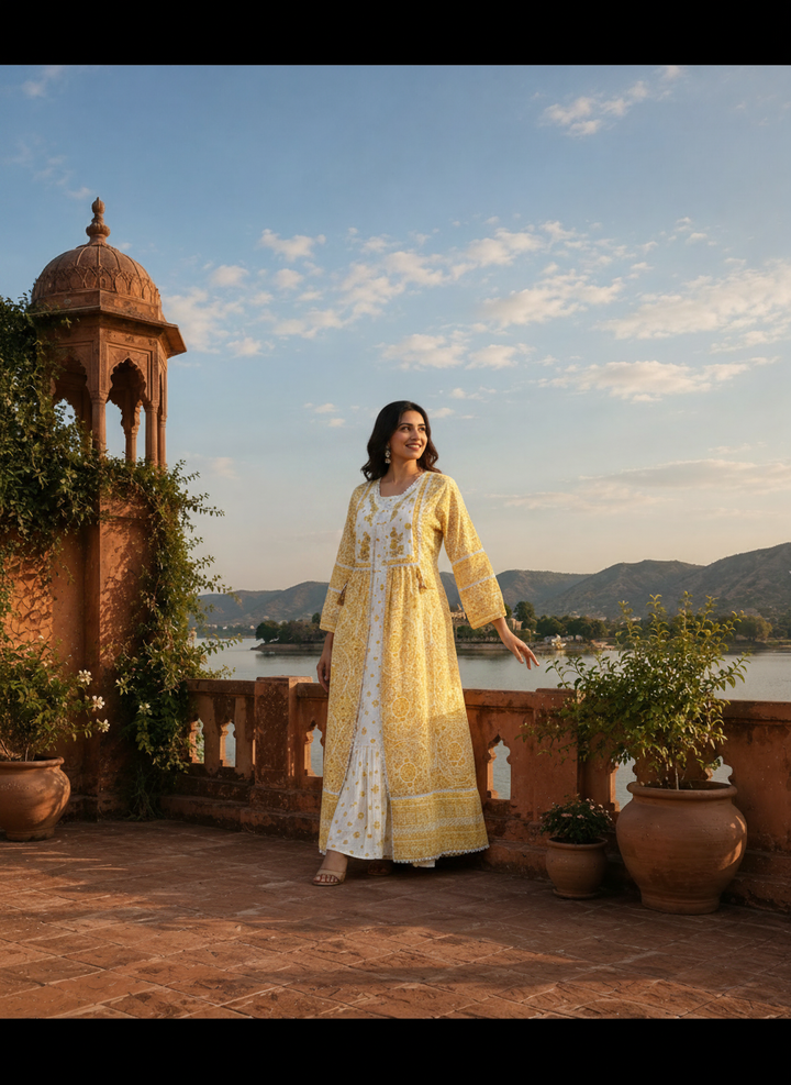 Mustard Cotton Sanganeri Block Printed Dress With Shrug