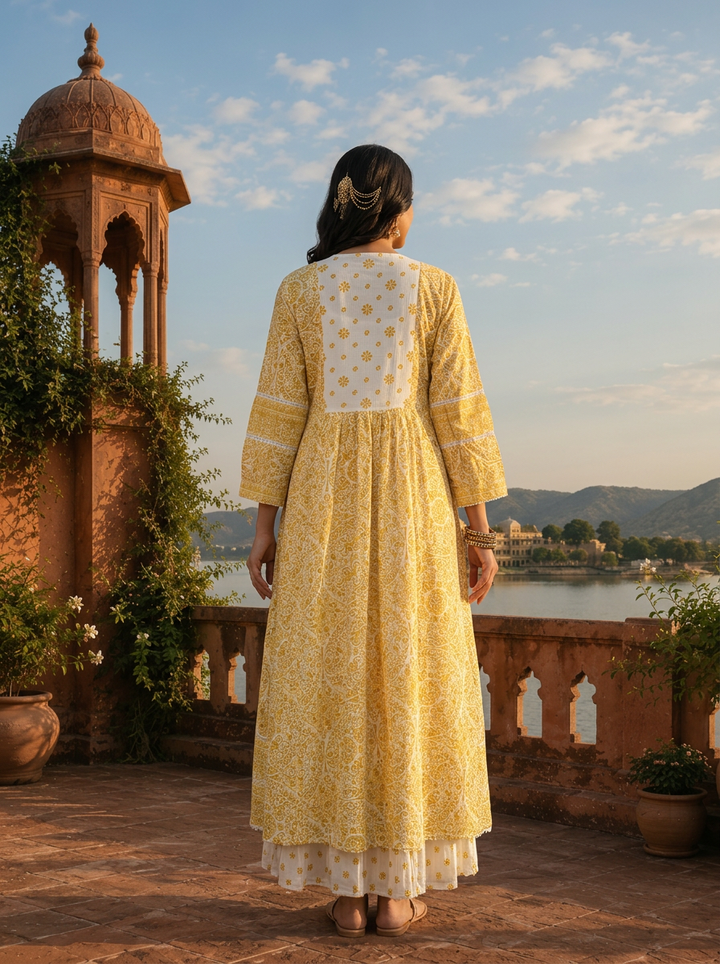 Mustard Cotton Sanganeri Block Printed Dress With Shrug