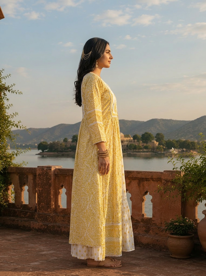 Mustard Cotton Sanganeri Block Printed Dress With Shrug