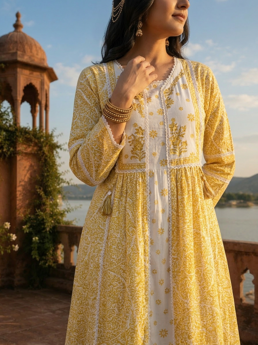 Mustard Cotton Sanganeri Block Printed Dress With Shrug