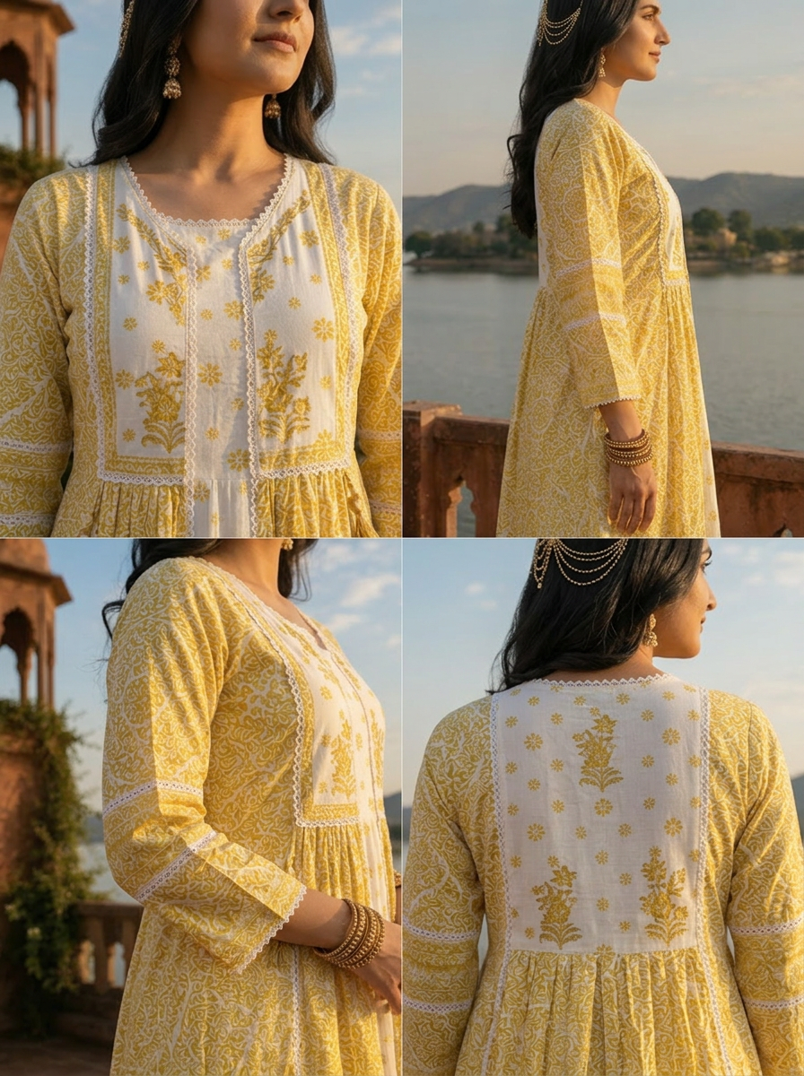 Mustard Cotton Sanganeri Block Printed Dress With Shrug