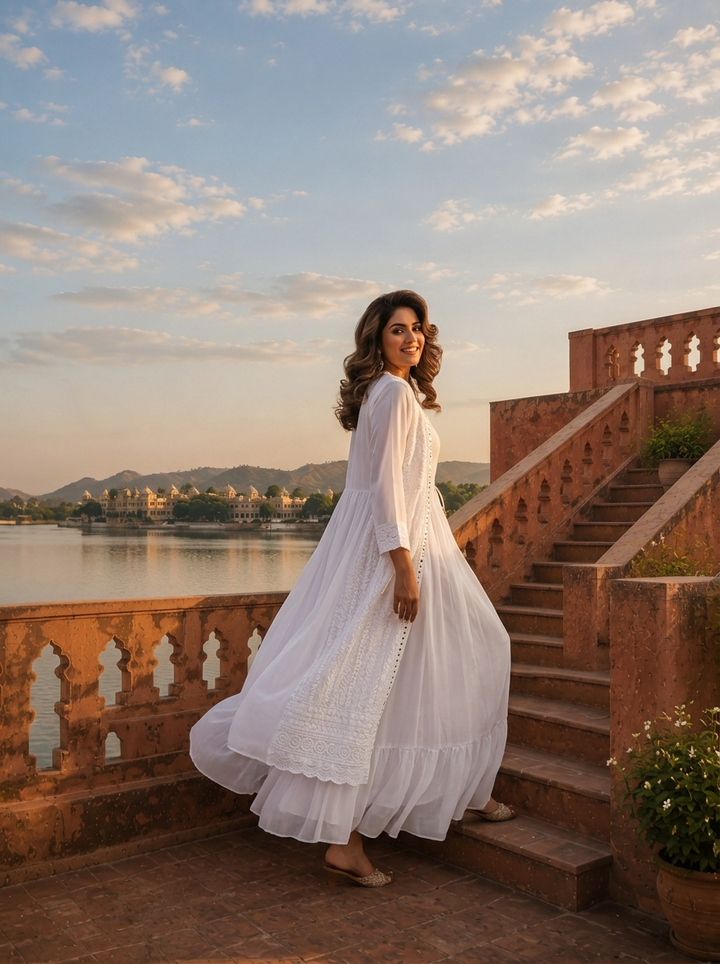 White Chikankari Floral Embroidery Long Dress With Shrug