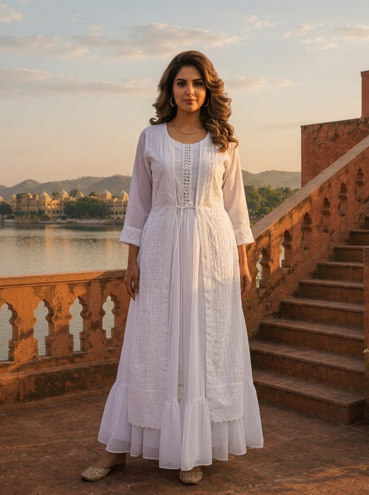 White Chikankari Floral Embroidery Long Dress With Shrug