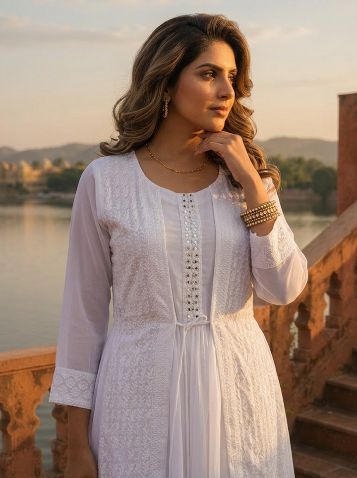 White Chikankari Floral Embroidery Long Dress With Shrug