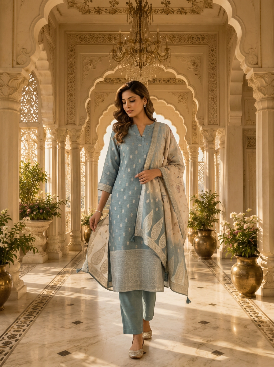 Aqua Banaras Silk Solid Design And Paisley Printed Three Piece Set