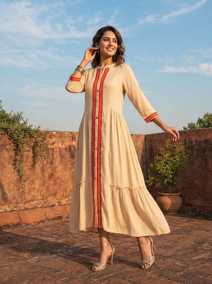 Beige Rayon Monotone Thread Embroidery Dress