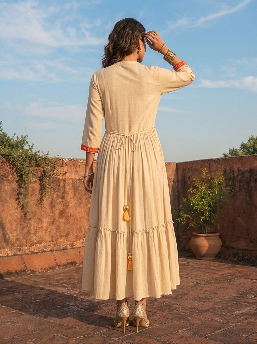 Beige Rayon Monotone Thread Embroidery Dress