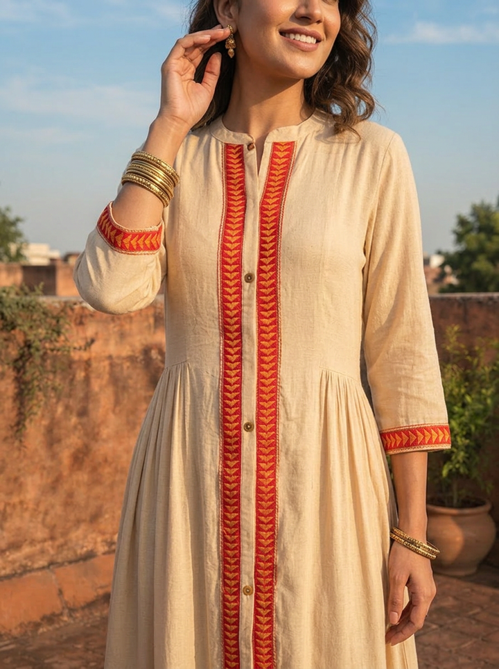 Beige Rayon Monotone Thread Embroidery Dress