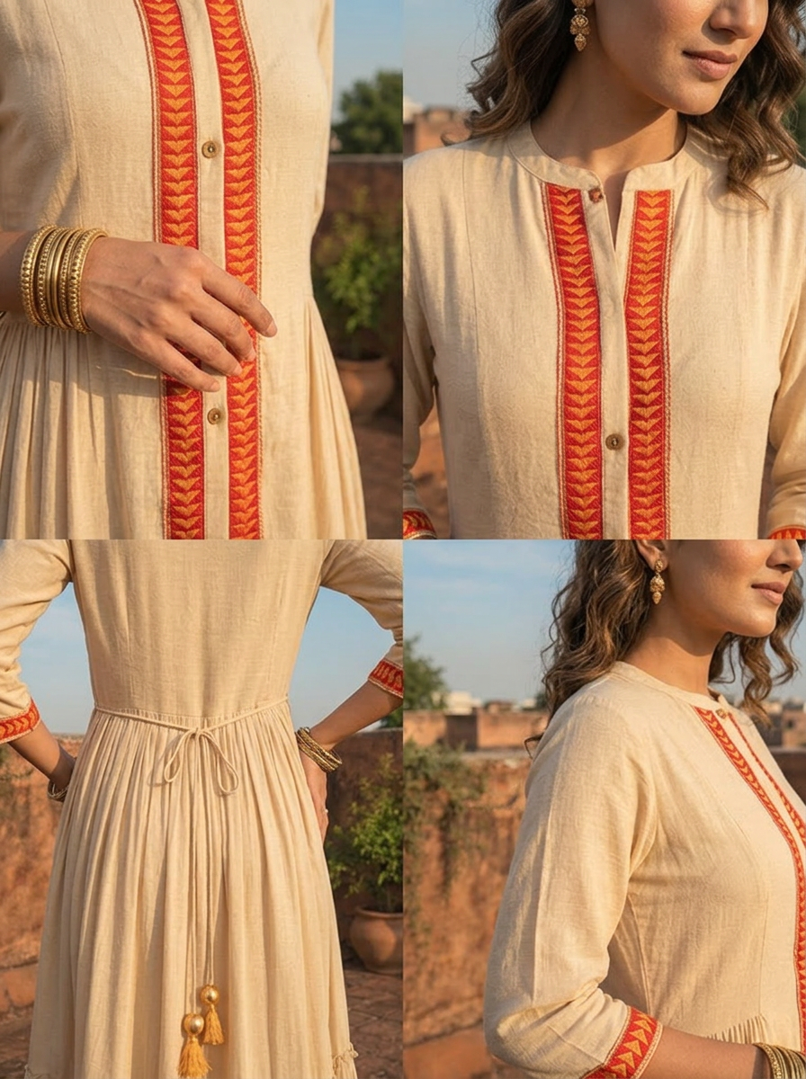 Beige Rayon Monotone Thread Embroidery Dress