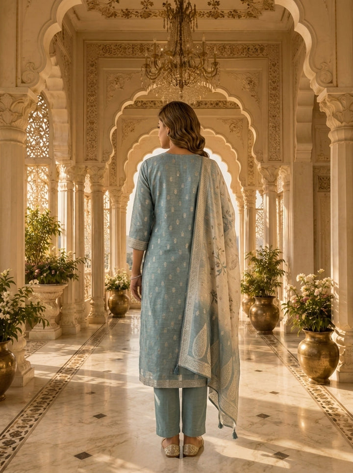 Aqua Banaras Silk Solid Design And Paisley Printed Three Piece Set