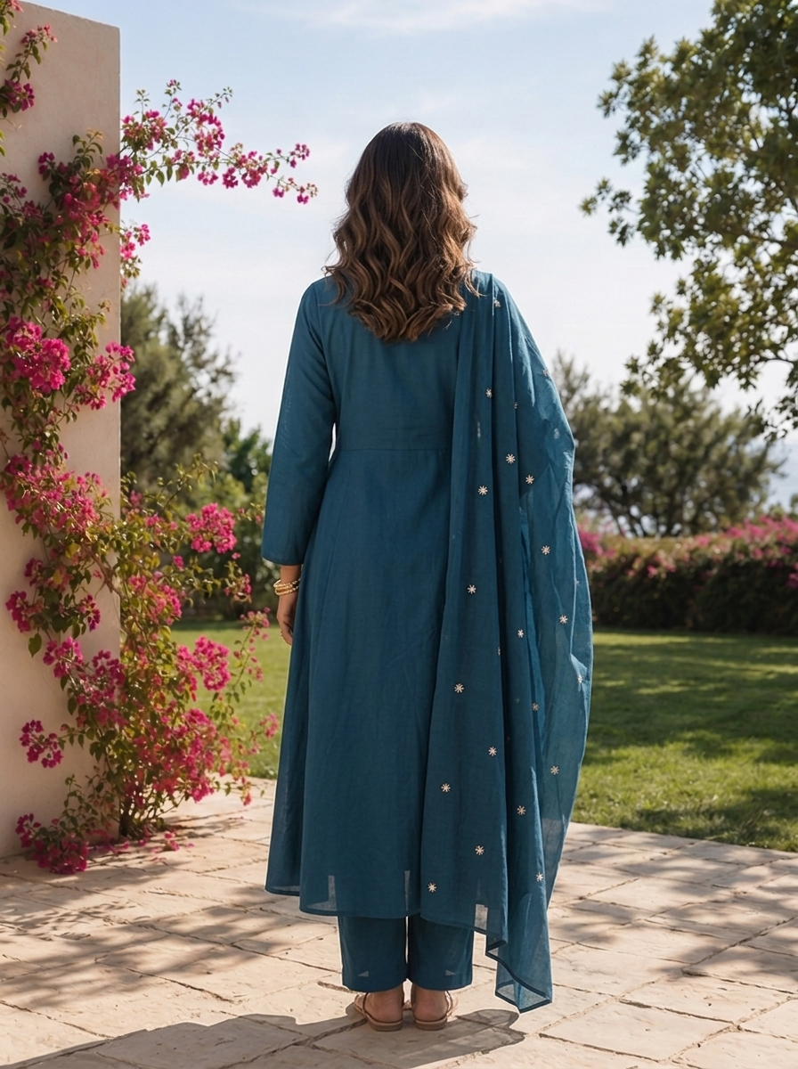 Rama Cotton Floral Thread Embroidery And Solid Design Three Piece Set