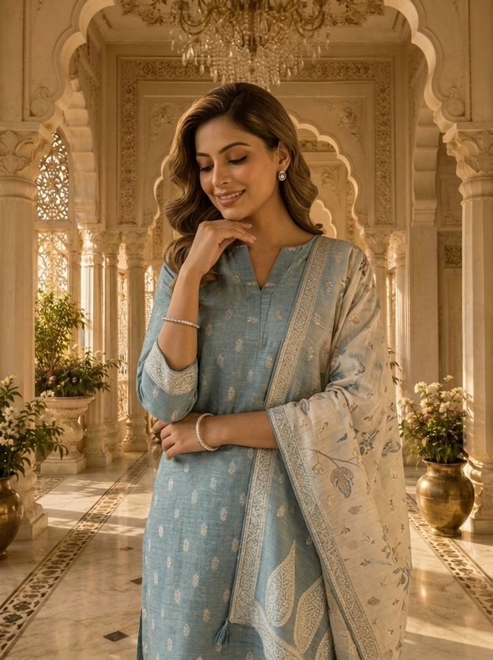 Aqua Banaras Silk Solid Design And Paisley Printed Three Piece Set