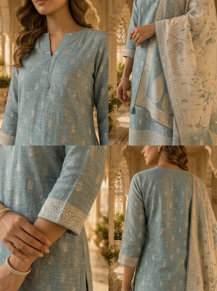 Aqua Banaras Silk Solid Design And Paisley Printed Three Piece Set