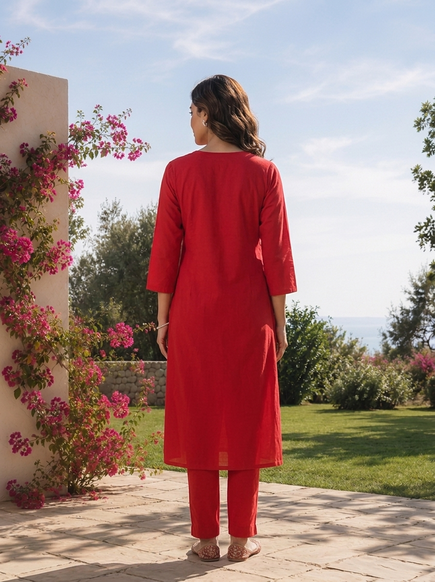 Red Cotton Floral Thread Embroidery And Solid Design Three Piece Set
