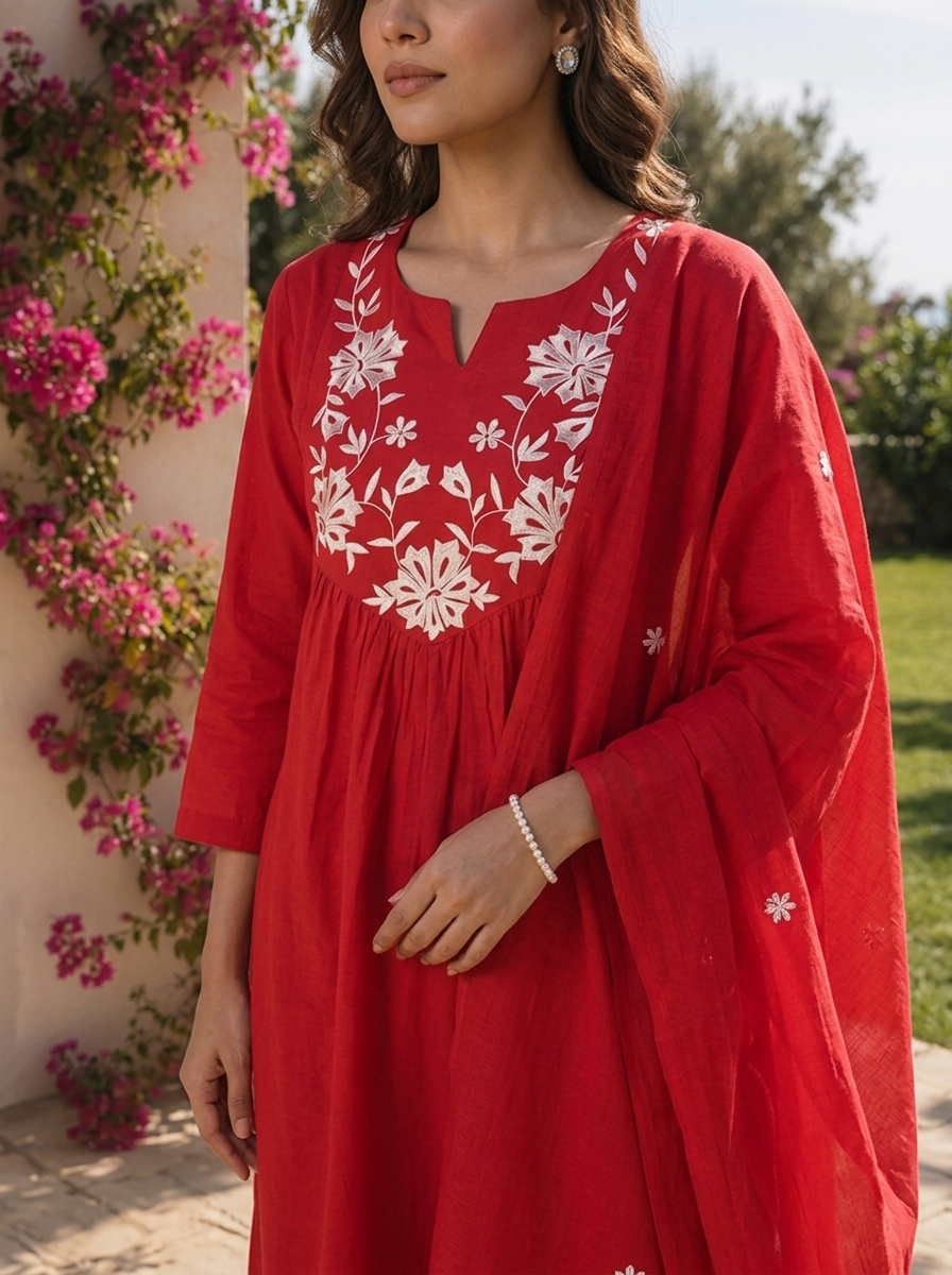 Red Cotton Floral Thread Embroidery And Solid Design Three Piece Set